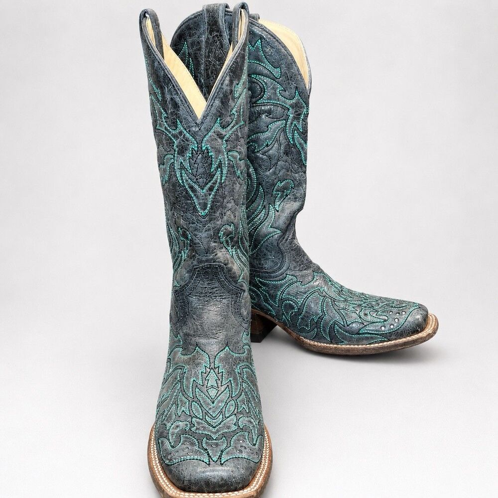 Corral Vintage Wester Boots Turquoise Cross Studded Leather Square To Women's 10